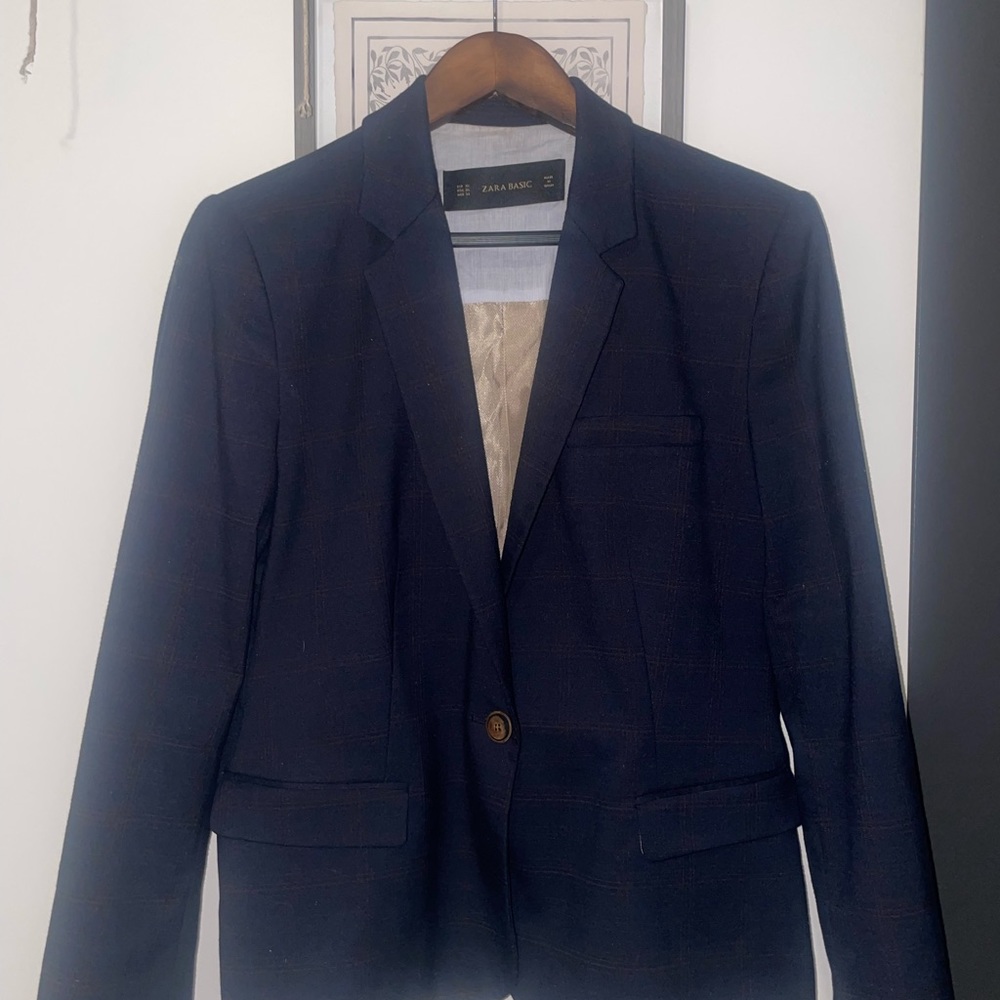 Zara navy blue brown plaid check elbow patch equestrian riding blazer Sz XL